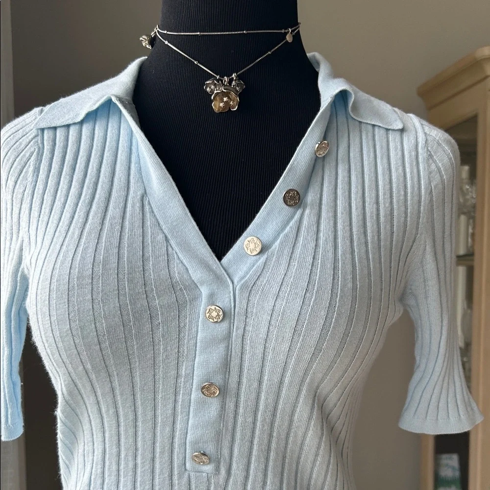 Light Blue Ribbed Button-Up Women's Top - Picture 2 of 6